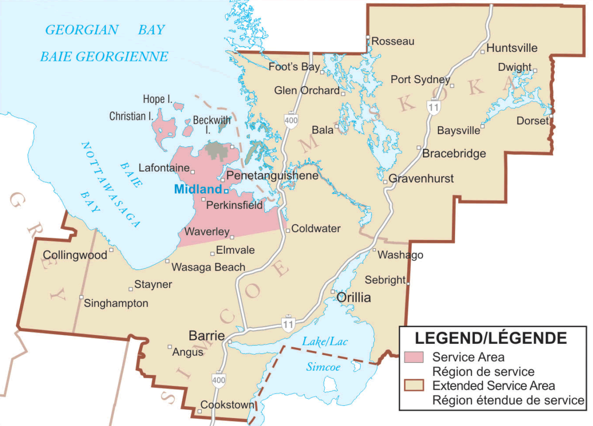 Carte de la région de Simcoe-Muskoka représentant la zone étendue de service; la région rehaussée en rose montre la région principale de service de Simcoe Nord