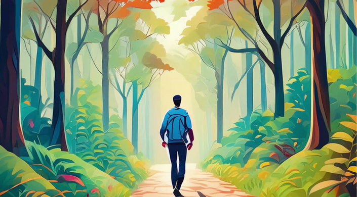 Graphic of a man walking down a path in the woods